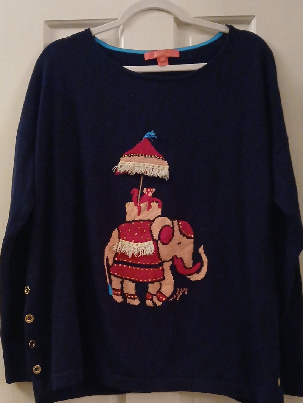 Lilly Pulitzer Navy Crewneck Sweater with Embroidered Elephant